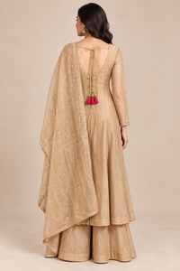 Beige Embroidered Anarkali Palazzo Suit Set with Dupatta