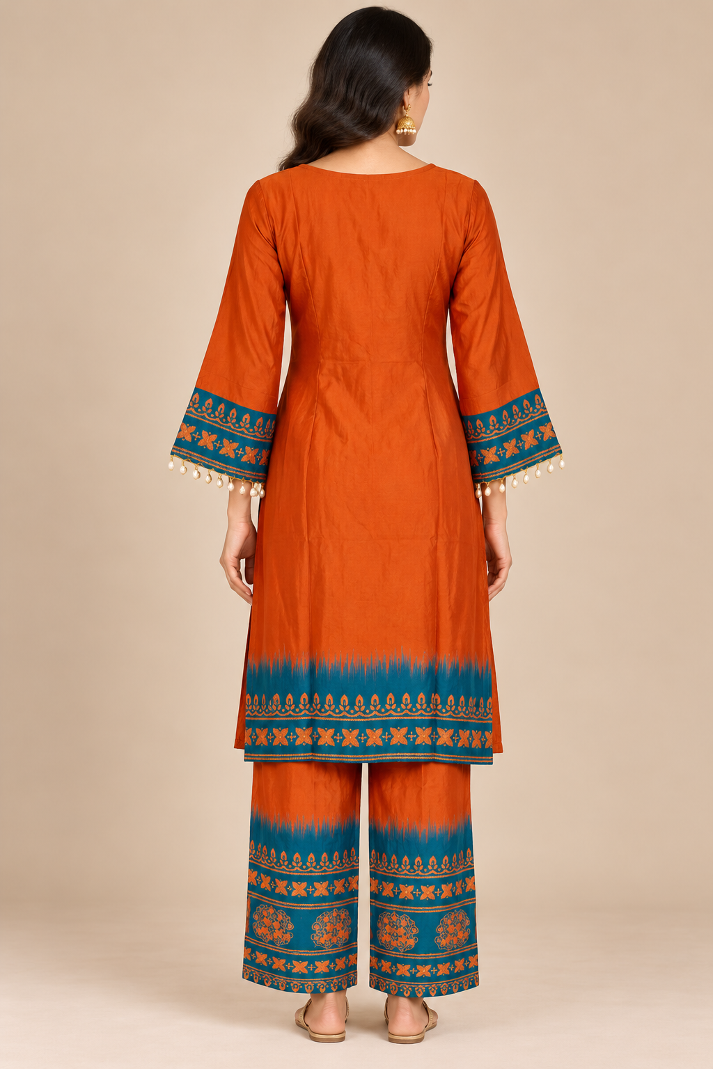 Rust Orange Kurta Set with Teal Embroidered Borders