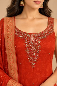 Rust Orange Embroidered Kurta Pant Set with Embellished Dupatta
