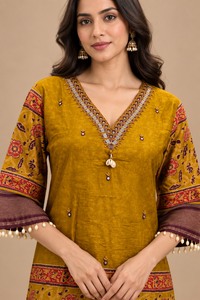 Mustard Yellow Printed Kurta Palazzo Set with Ethnic Border Detailing
