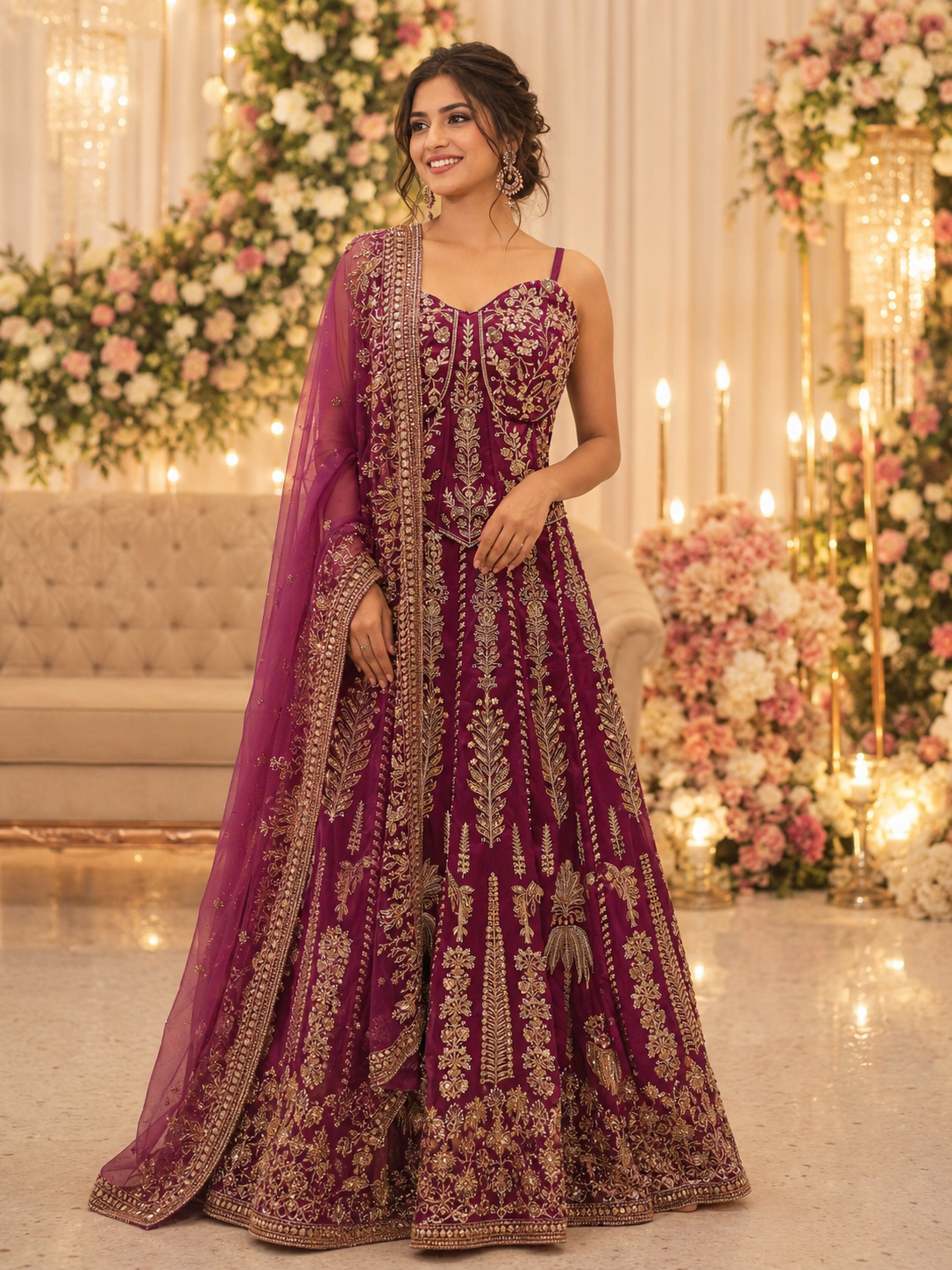 Wine Purple Raw Silk Corset Lehenga Set
