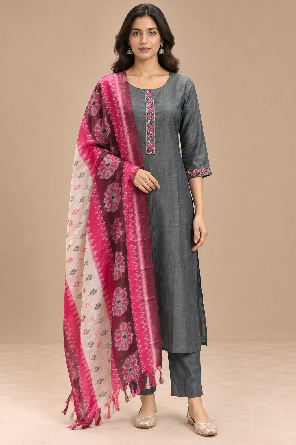 Charcoal Grey Straight Kurta Pant Set with Pink Printed Dupatta