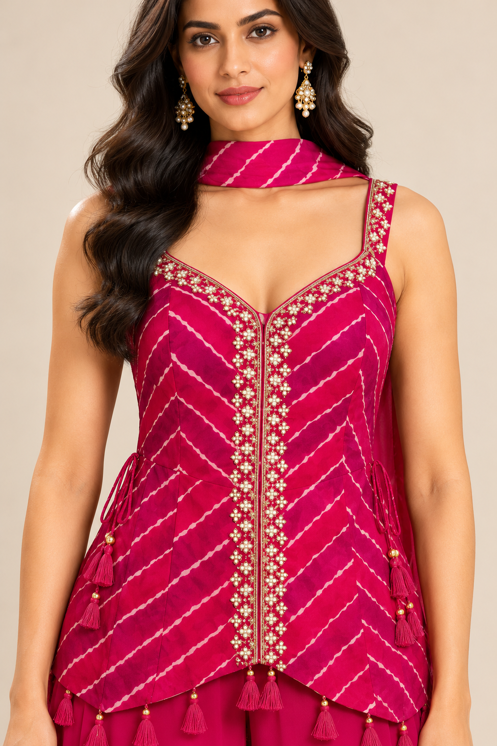 Magenta Pink Embroidered Peplum Top with Palazzo Pants Set