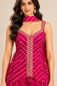 Magenta Pink Embroidered Peplum Top with Palazzo Pants Set