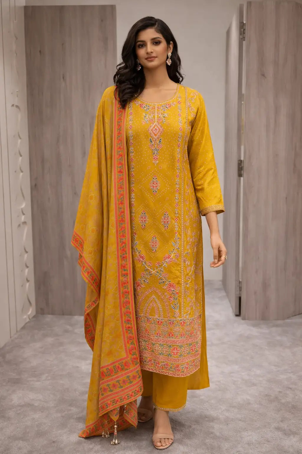 Mustard Yellow Embroidered Kurta Set with Dupatta