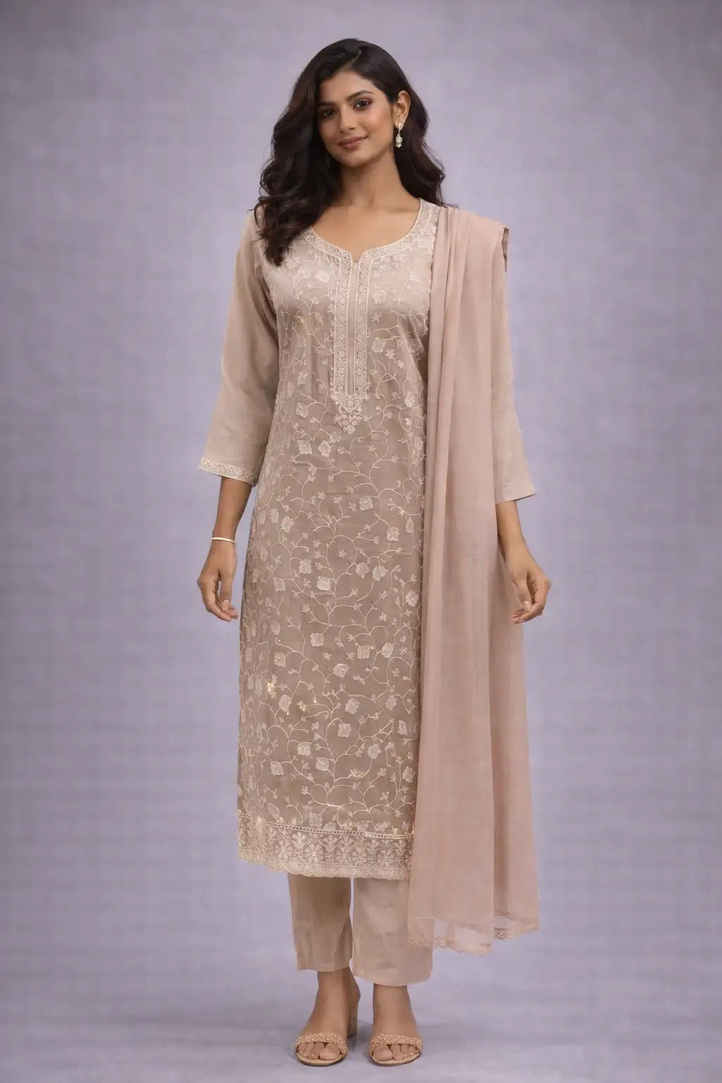 Taupe Embroidered Kurta Set with Dupatta