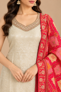 Ivory Embroidered Kurta Set with Red Printed Dupatta