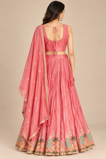 Pink Lehenga Choli with Colorful Peacock Embroidery and Dupatta