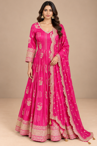 Rani Pink Silk Anarkali Set