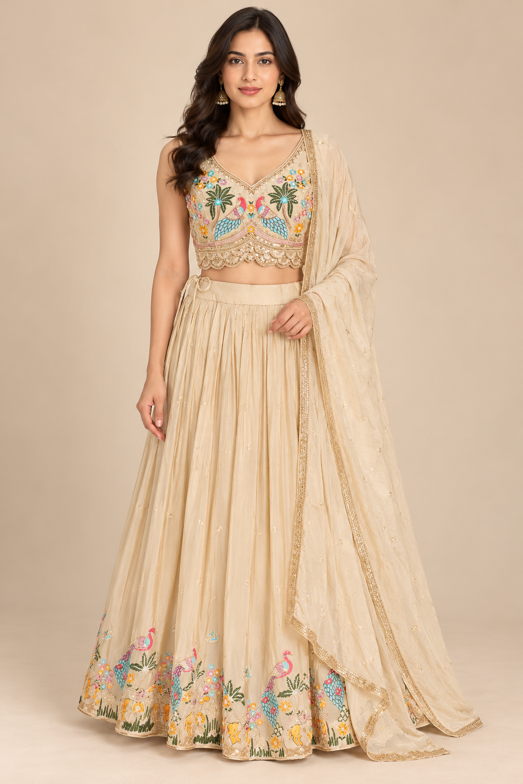 Cream Embroidered Lehenga Choli with Colorful Peacock Work and Dupatta
