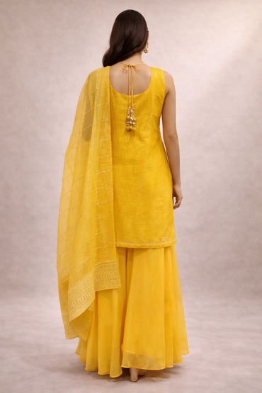 Yellow Embroidered Brocade Silk Kurta Sharara Set with Dupatta for Women