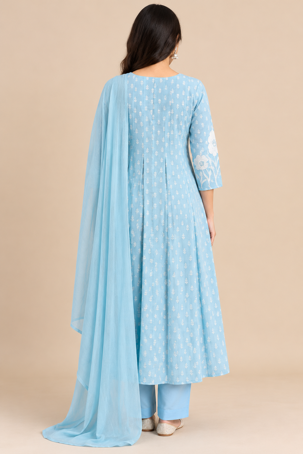 Sky Blue Embroidered Anarkali Kurta Pant Set with Dupatta