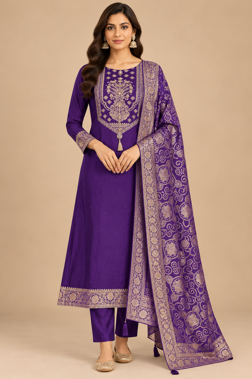 Royal Purple Gold Embroidered Kurta Pant Set with Printed Dupatta