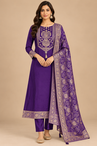 Royal Purple Gold Embroidered Kurta Pant Set with Printed Dupatta