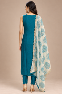 Teal Blue Embroidered Straight Kurta Pant Set with Printed Dupatta