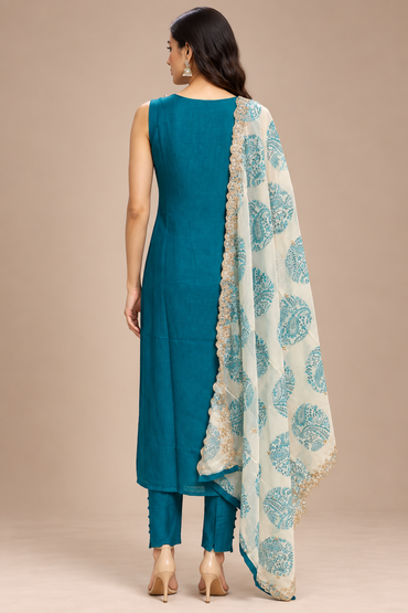 Teal Blue Embroidered Straight Kurta Pant Set with Printed Dupatta