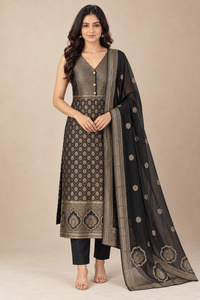 Black & Gold Brocade Silk Kurta Set