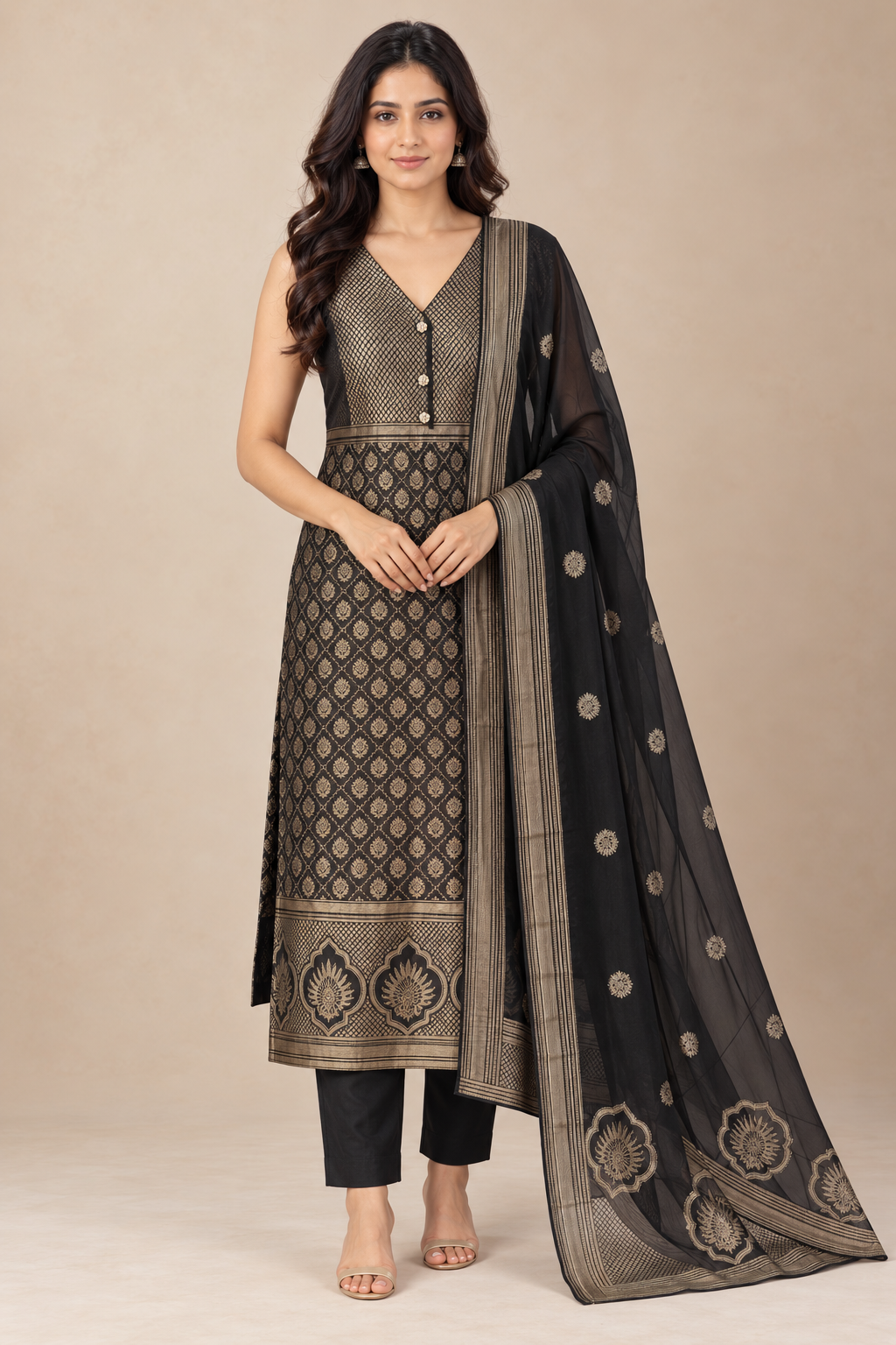 Black & Gold Printed Kurta Set with Dupatta