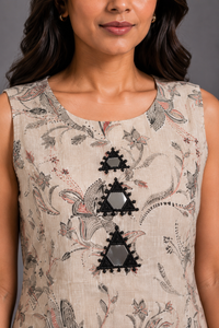 Beige Floral Print Kurta Palazzo Set with Embroidered Detail