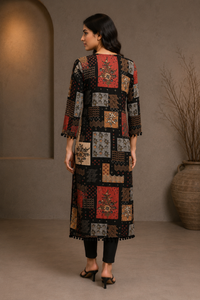 Black Printed Straight Kurti with Pom-Pom Detail