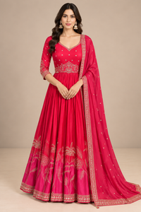 Rani Pink Silk Anarkali Set