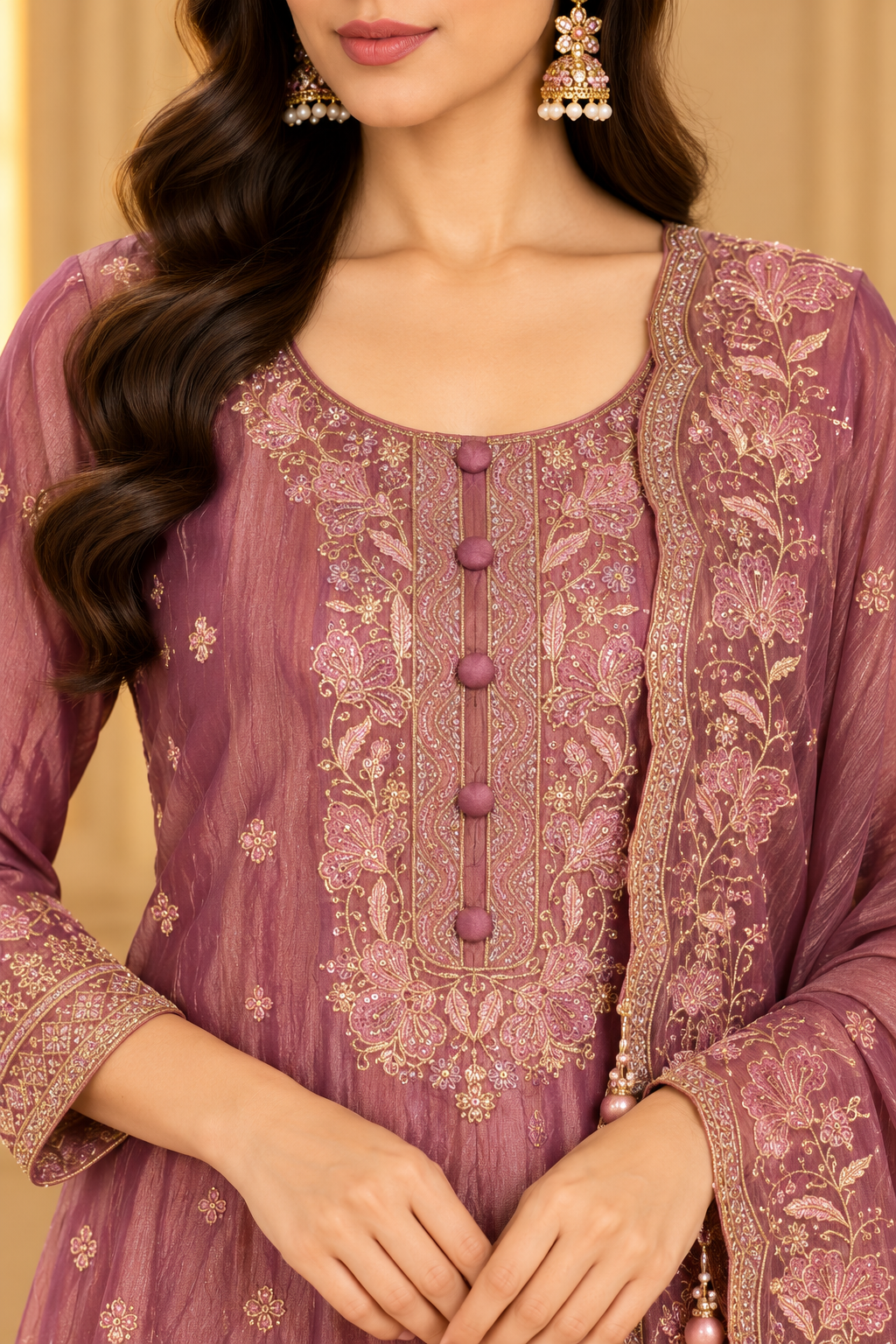 Mauve Pink Embroidered Anarkali Kurta Set with Dupatta