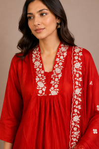 Scarlet Red Silk Embroidered Anarkali Suit Set