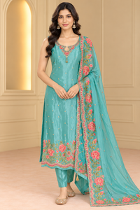 Turquoise Blue Floral Embroidered Kurta Set with Dupatta