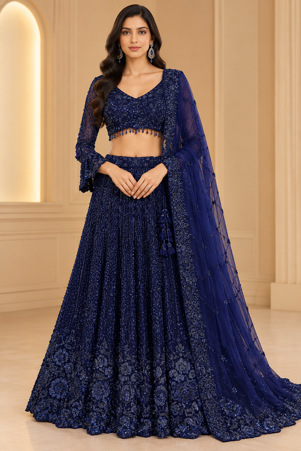 Navy Blue Sequin Embroidered Lehenga Choli with Dupatta