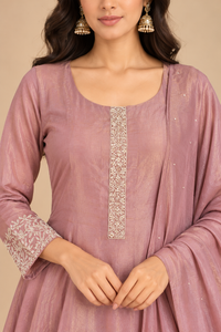 Dusty Rose Pink Asymmetric Embroidered Suit Set with Dupatta