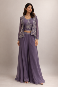 Dusty Purple Embroidered Silk Co-ord Set with Crop Top & Sheer Jacket