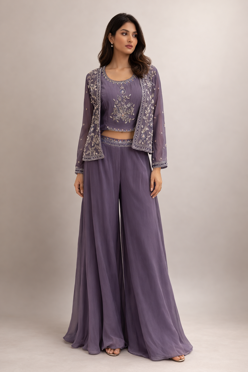 Dusty Purple Embroidered Silk Co-ord Set with Crop Top & Sheer Jacket