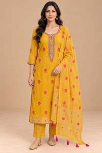 Mustard Yellow Floral Embroidered Straight Kurta Set with Dupatta
