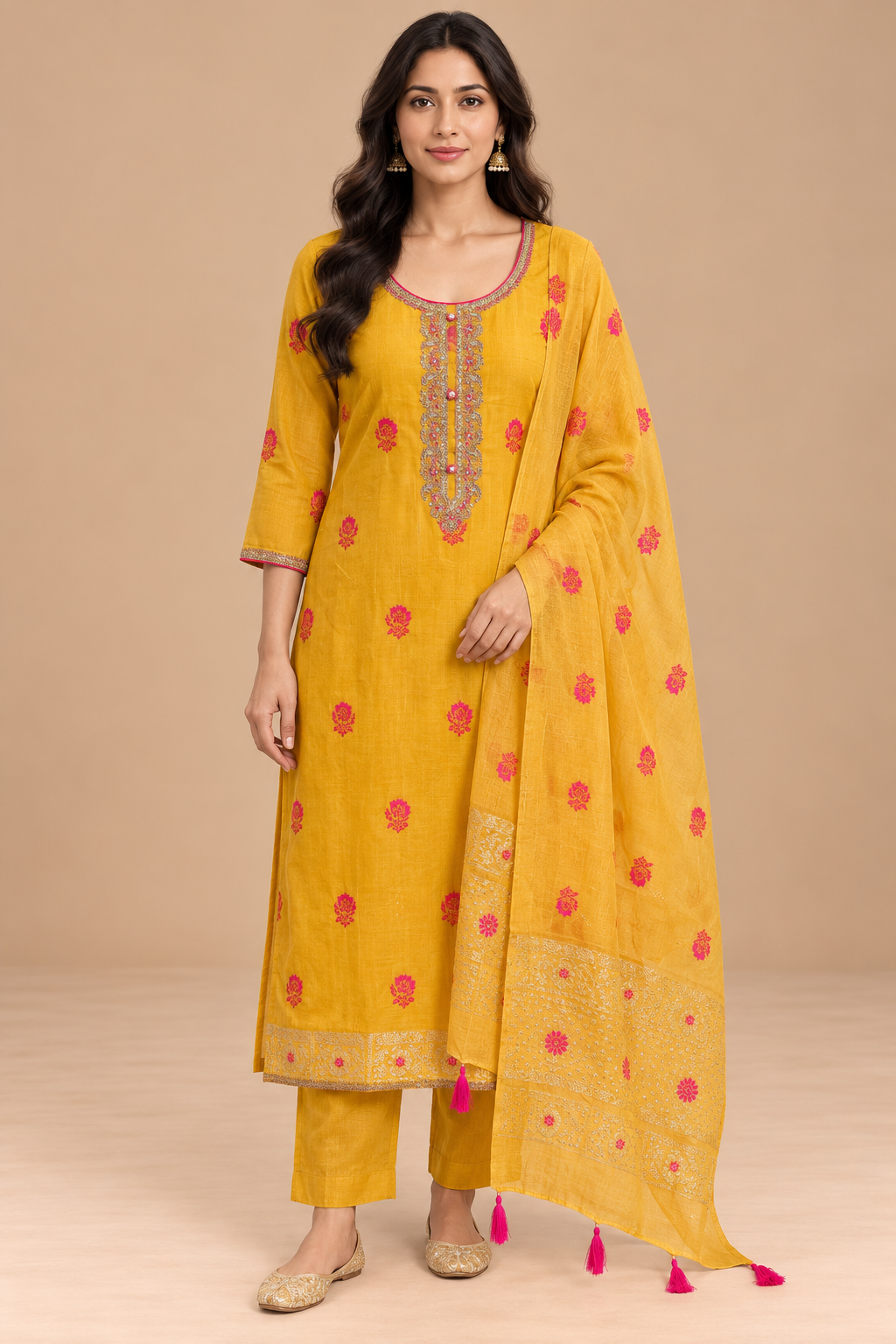 Mustard Yellow Floral Embroidered Straight Kurta Set with Dupatta