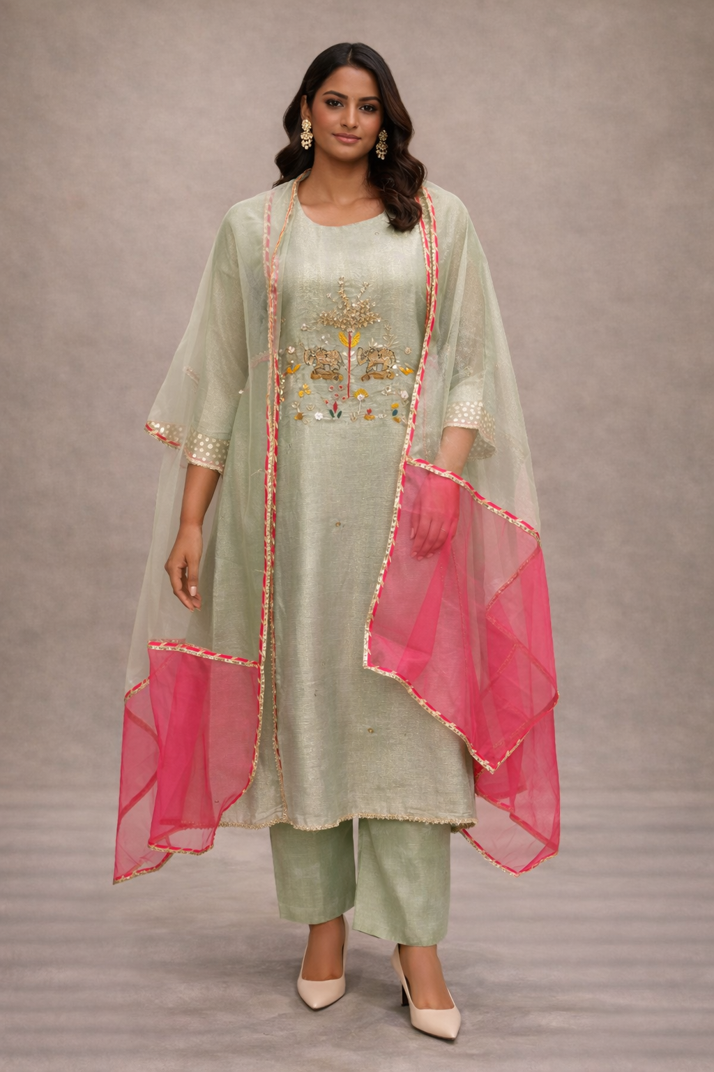 Pastel Green Embroidered Tissue Kurta Pant Set with Dupatta