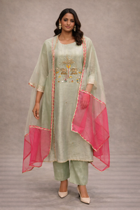 Pastel Green Embroidered Tissue Kurta Pant Set with Dupatta