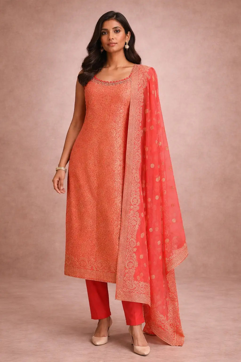 Peach Embroidered Kurta Set with Dupatta