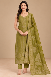 Olive Green Embroidered Kurta Set with Floral Dupatta