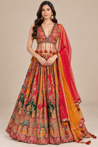Multicolor Embroidered Bridal Lehenga Choli with Pink Orange Dupatta
