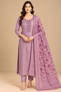 Mauve Embroidered Kurta Set with Floral Printed Dupatta