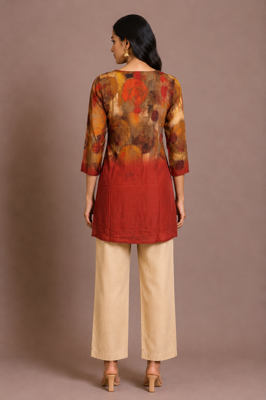 Rust Brown Abstract Print Silk Short Kurti