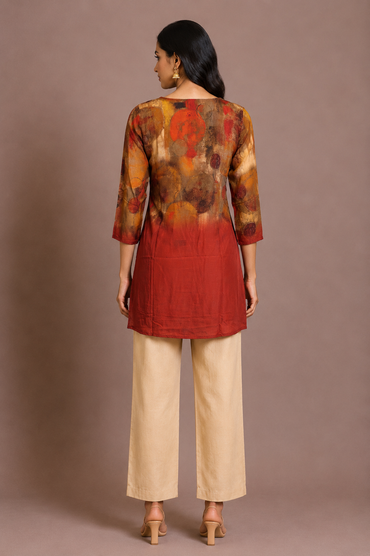 Rust Brown Abstract Print Silk Short Kurti