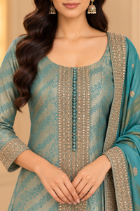 Teal Blue Jacquard Anarkali Kurta Set with Dupatta