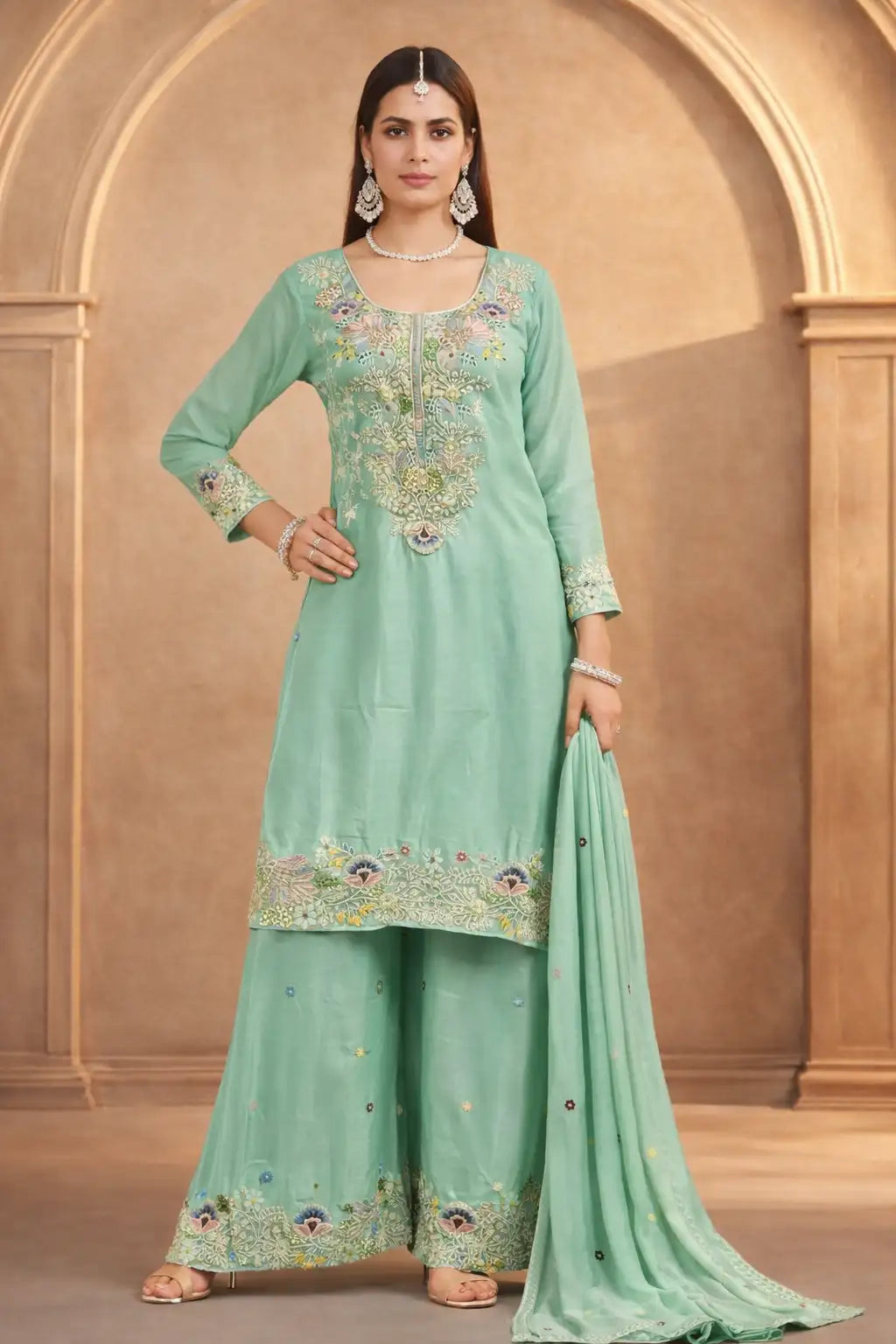 Sea Green Embroidered Kurta Sharara Set with Dupatta