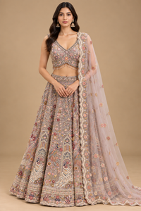 Dusty Rose Floral Embroidered Lehenga Set with Dupatta