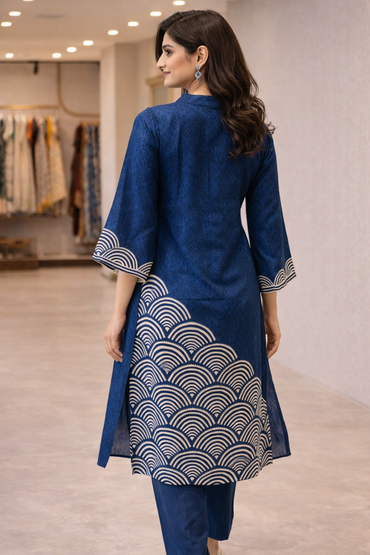 Indigo Blue Printed Silk Kurta Pant Set with Dupatta