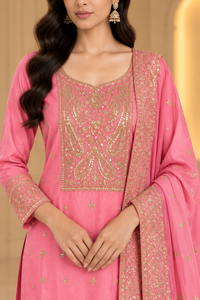Pink Embroidered Straight Suit Set with Designer Dupatta
