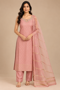 Pink Embroidered Straight Kurta Set with Dupatta for Women