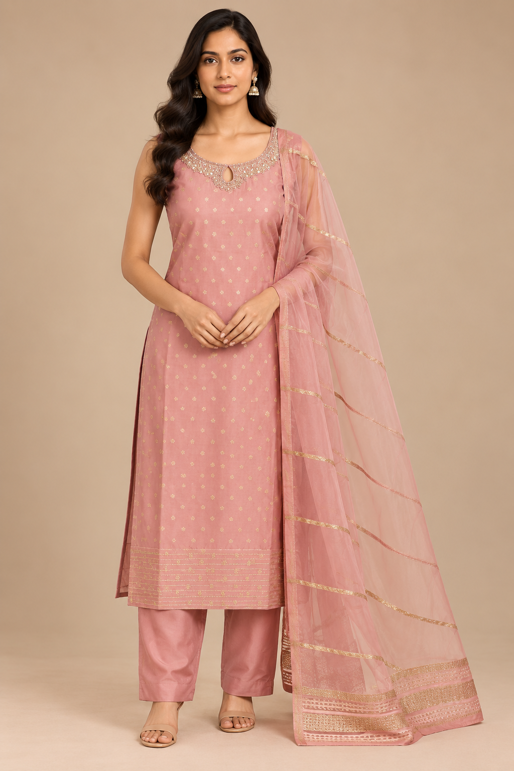 Pink Embroidered Straight Kurta Set with Dupatta for Women