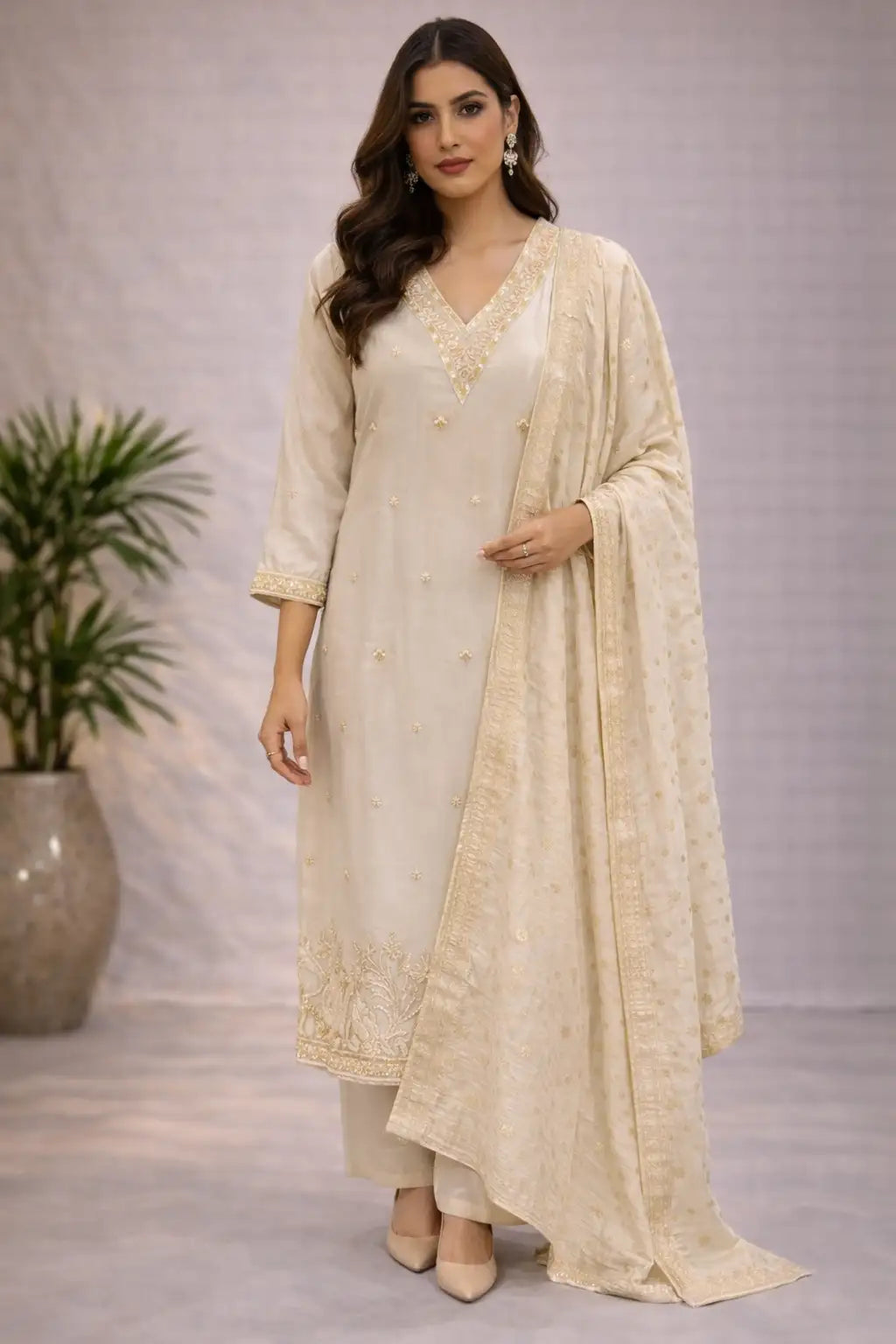 Beige Embroidered Kurta Set with Dupatta
